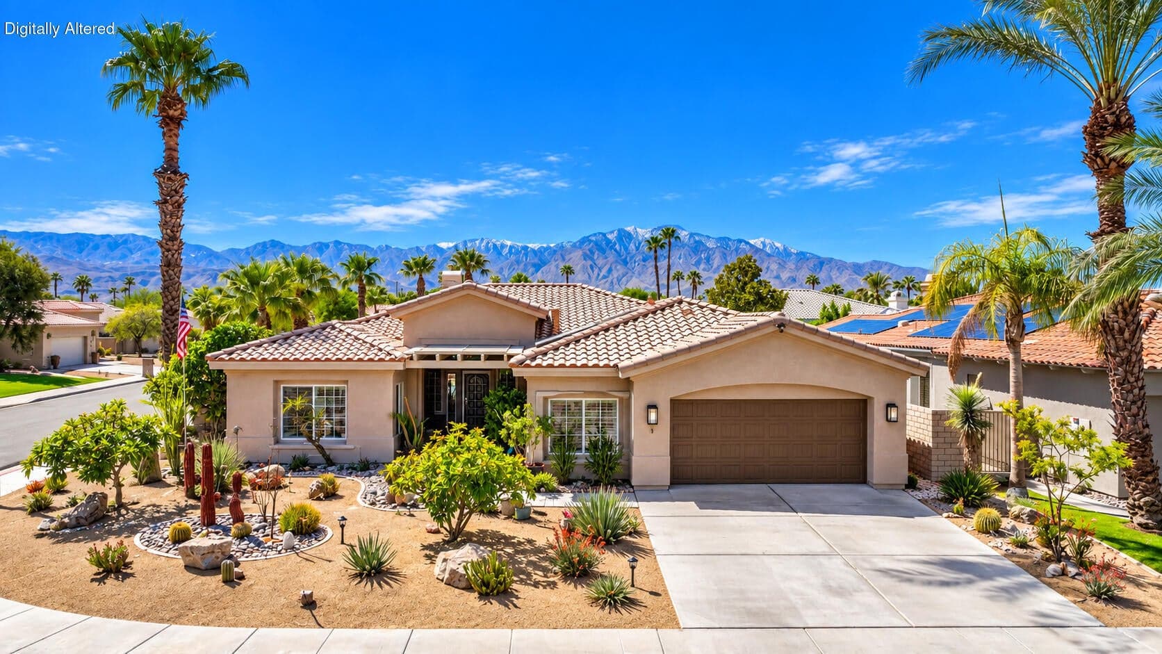 Striking desert estate on a coveted corner lot with elegant curb appeal