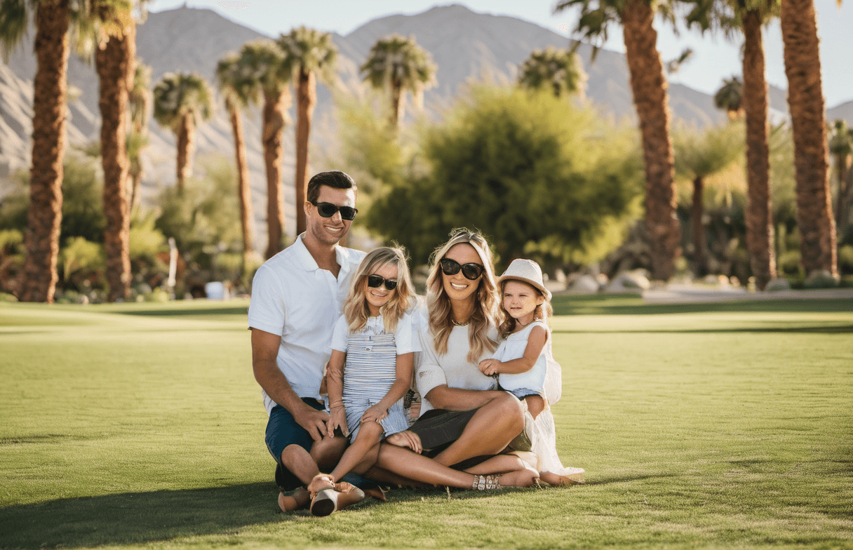Palm tree-lined suburban street in Coachella Valley with mountain backdrop
