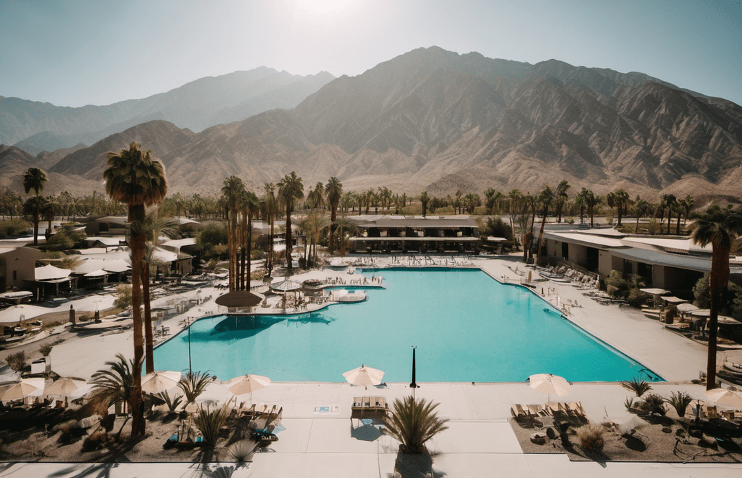 Palm Springs pool with umbrella shade during hot summer day